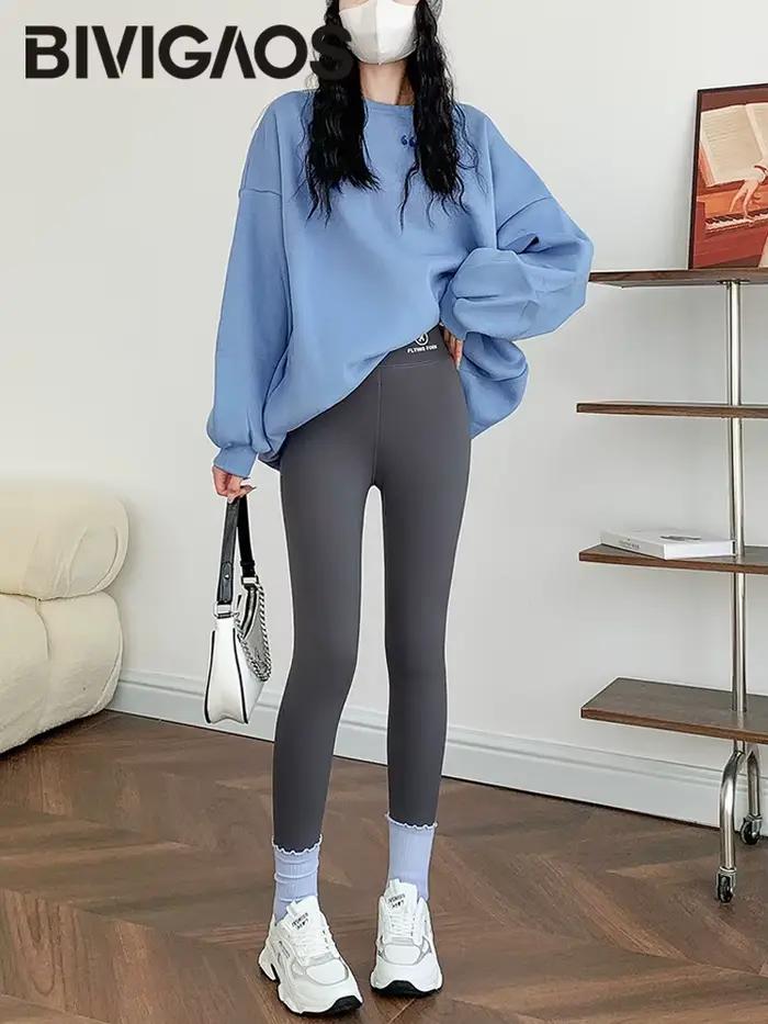 BIVIGAOS jesenné zimné ružové zamatové žraločie Legíny pre ženy fleece vysoký pás hrubé teplé