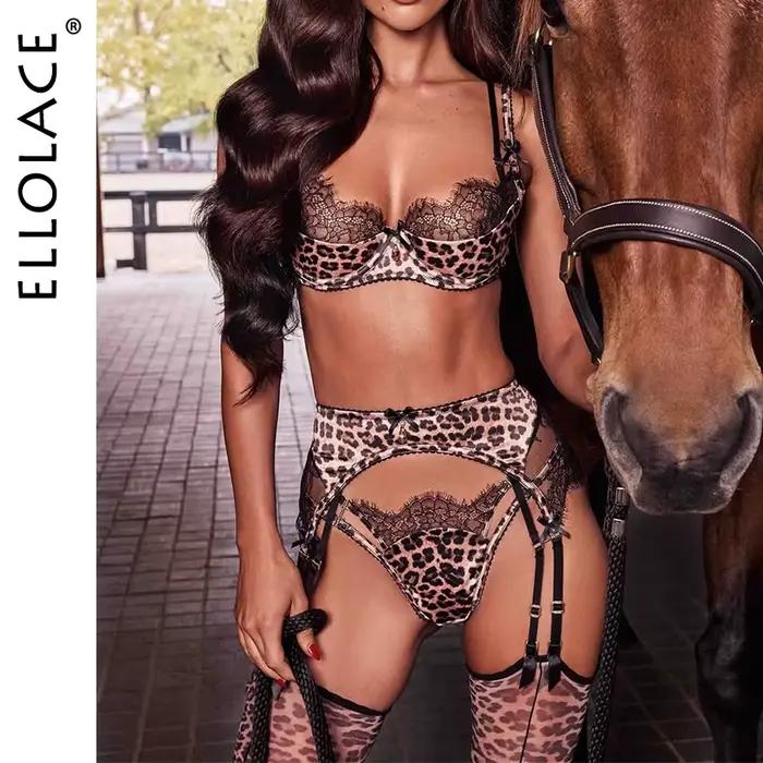 Ellolace Divoká bielizeň Sexy ženy nádherná leopardia podprsenka 3-dielna sada so zvodnými pančuchami jazdecký kostým uvoľnite túžbu Party Kit