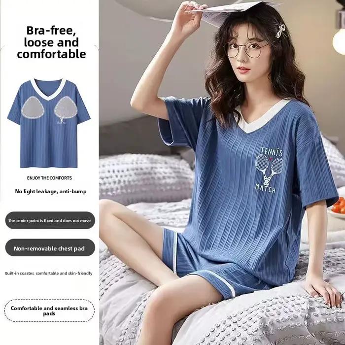 Pyjama avec coussinets de poitrine pour femmes, été, dessin animé, manches courtes, shorts, ours, vêtements de détente pour étudiants, ensemble 2 pièces, vêtements de nuit mignons, vêtements de maison