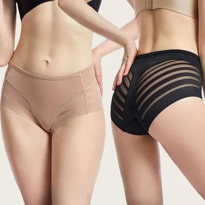 Slip taille moyenne pour femmes, culotte sans couture, maille transparente, haute élasticité, contrôle du ventre, sous-vêtements en soie glacée, Lingerie Sexy