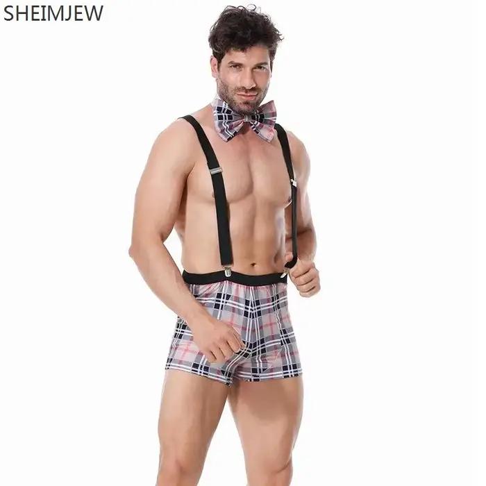Qqa 2025 Plaid Noir Sexy Costume de serveur de Lingerie, tenue à bretelles, Costumes d'halloween pour hommes, vêtements de club de fête