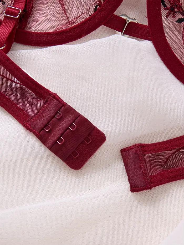 Ensemble de lingerie en dentelle brodée florale de style français rouge bordeaux, soutien-gorge transparent sexy et pur désir, pour la Saint-Valentin ZA824026