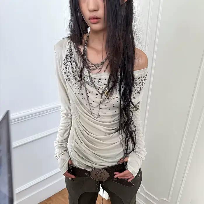 Karrcat Grunge Estetické Mimo Rameno Tričko Trashy Y2k Diamantová Potlač Vintage 2000-tych Roky Streetwear Punk Štýl