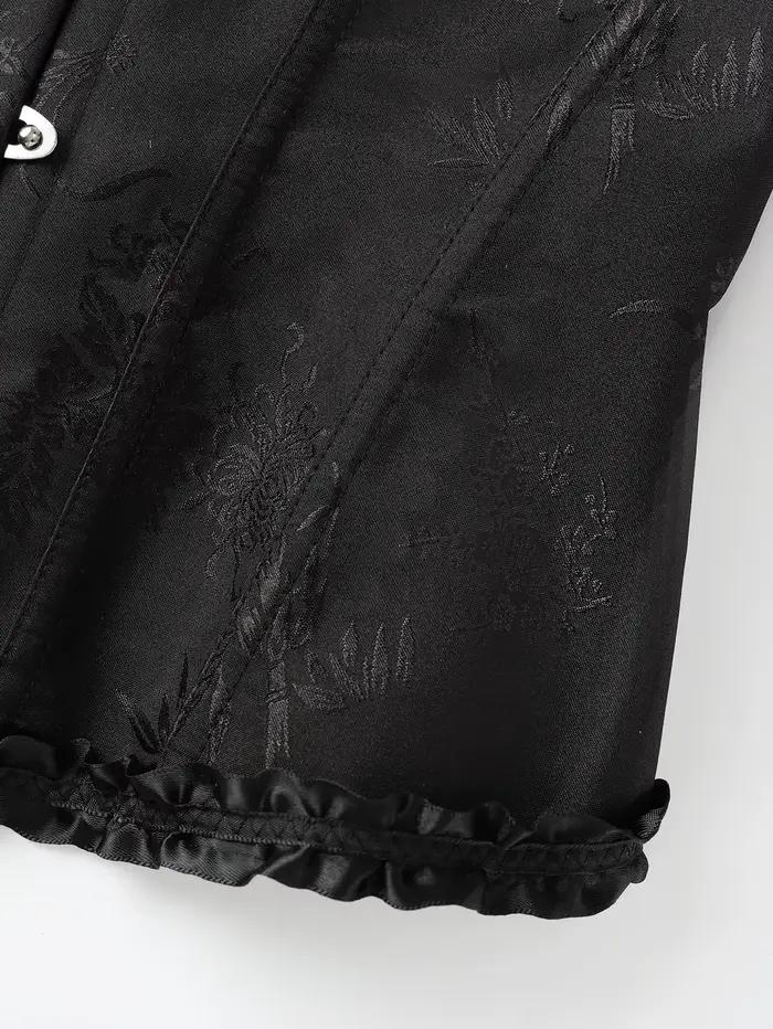 Corset élégant noir en jacquard avec volants, boucle avant et liens arrière, idéal pour les soirées, corset sculptant