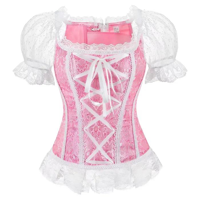 Corset avec manches princesse Corset haut en dentelle Corsets floraux pour femmes grande taille Vintage Corset Bustier à lacets rose bleu or