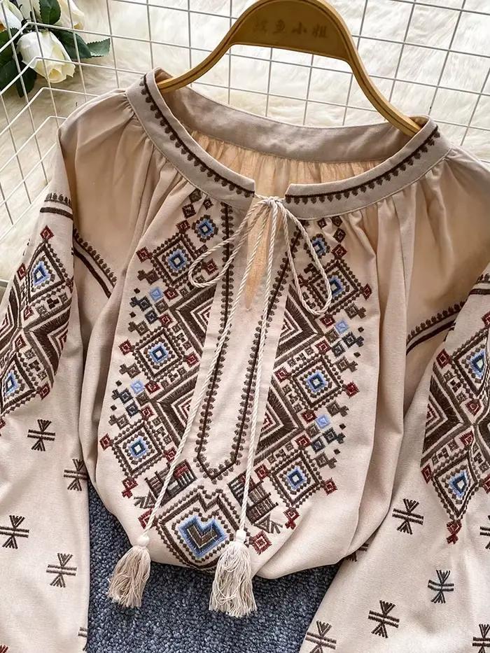 Dámska jesenná voľná blúzka umelecká retro ťažká výšivka mašľa okrúhly golier lampiónové rukávy ležérna košeľa