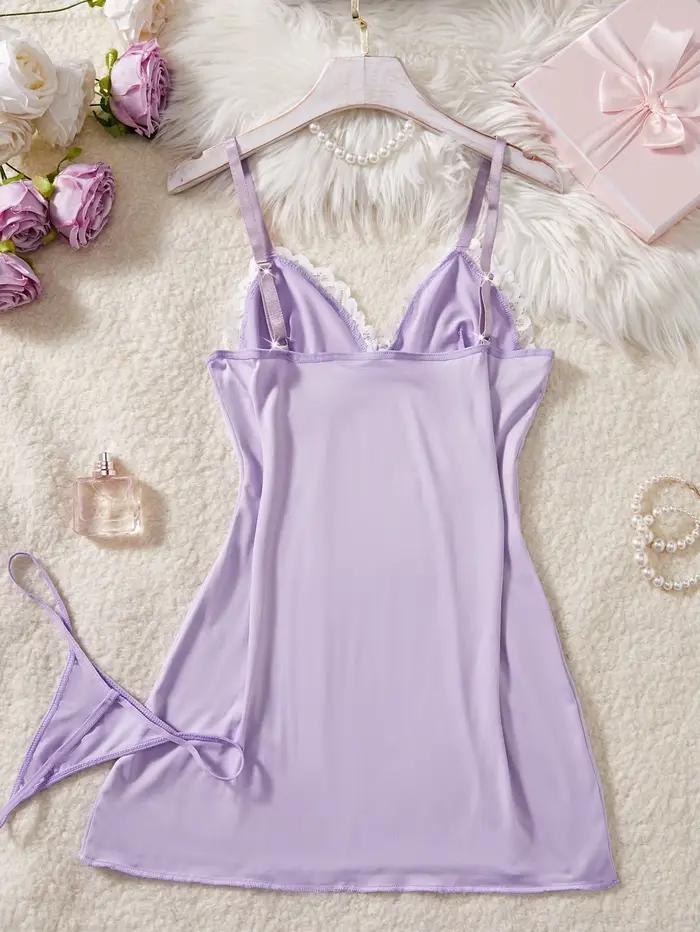 Robe de nuit pour femme en dentelle violette claire avec nœud, style babydoll, ensemble de lingerie, tenues pour femmes