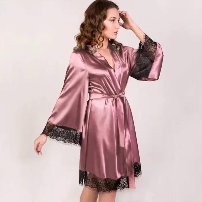 Robe Kimono Sexy pour femmes, chemise de nuit en Satin garnie de dentelle, vêtements de nuit de mariée, ceinture réglable, vêtements de détente confortables