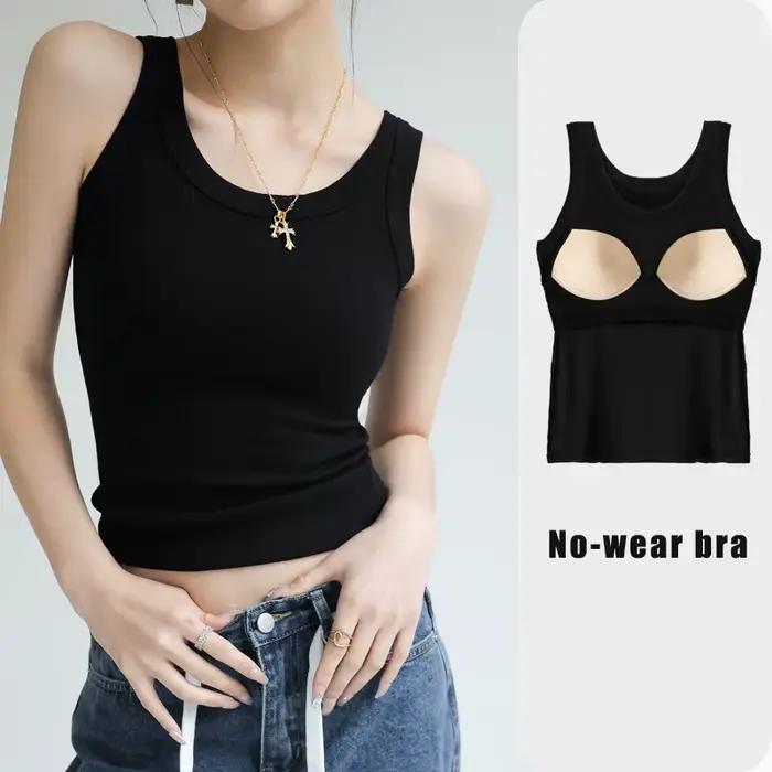 Débardeur côtelé pour femme avec soutien-gorge intégré, sans armatures, confortable pour le quotidien, tenue décontractée, sport léger, sans manches, basique, style cami