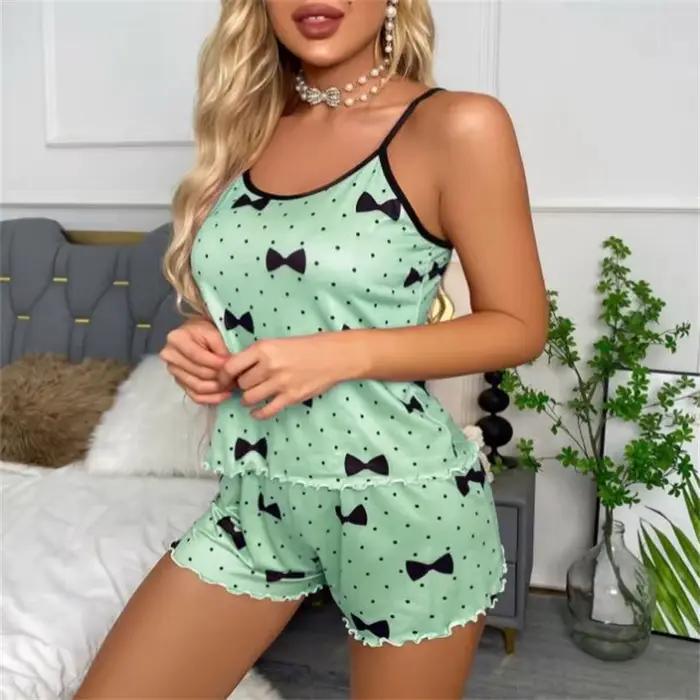 Ensemble pyjama pour femmes, T-Shirts et shorts, T-Shirt rose imprimé en forme de cœur, col rond, haut en soie glacée, confortable et décontracté, été 
