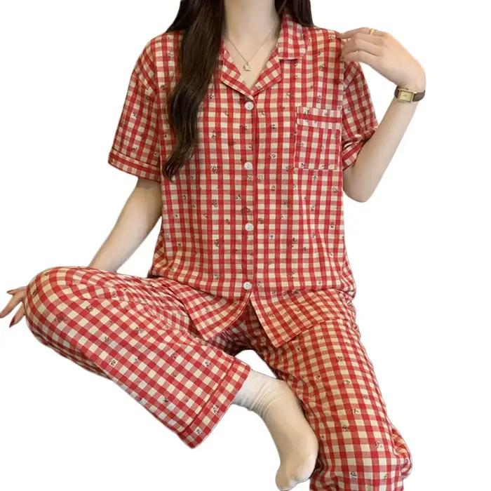 Pyjama d'été vintage à carreaux rouges à manches courtes pour filles ; Ensemble de vêtements de détente d'été à manches courtes et pantalon long en jacquard, sensation de luxe