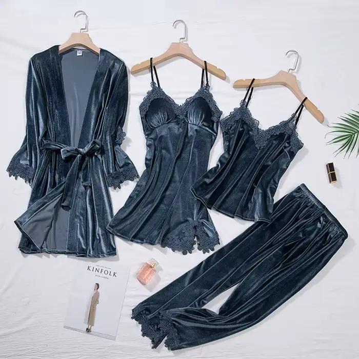 Ensemble de pyjama en polyester luxueux pour femmes avec col en V pour les nuits froides et les occasions spéciales