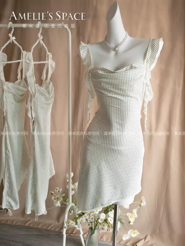 Chemise de nuit française Love Sea, Lingerie romantique, Lingerie Sexy de vacances, chemise de nuit à pois, petite poitrine, pyjama féerique en soie glacée pour femmes