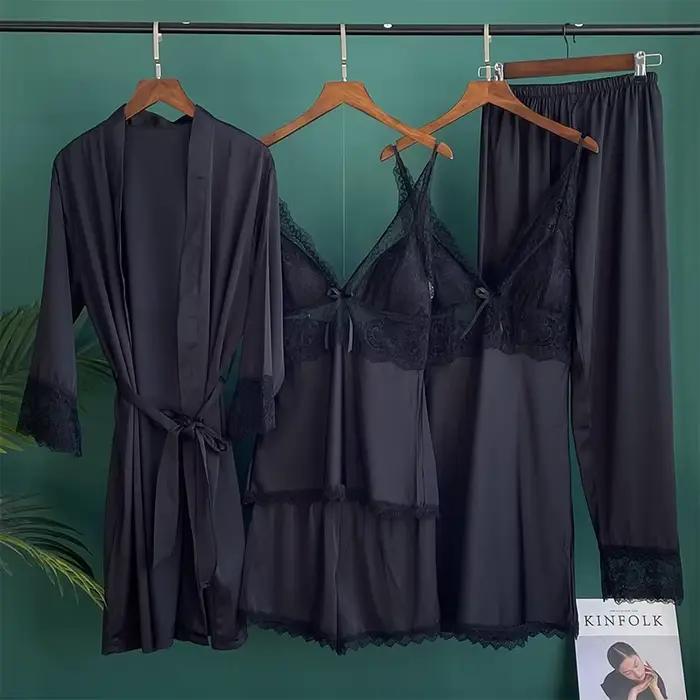 Ensemble de vêtements de nuit en satin blanc, robe de mariée, chemise de nuit sexy, kimono en dentelle, peignoir, vêtements de nuit, robe de maison, vêtements de salon, 5 pièces