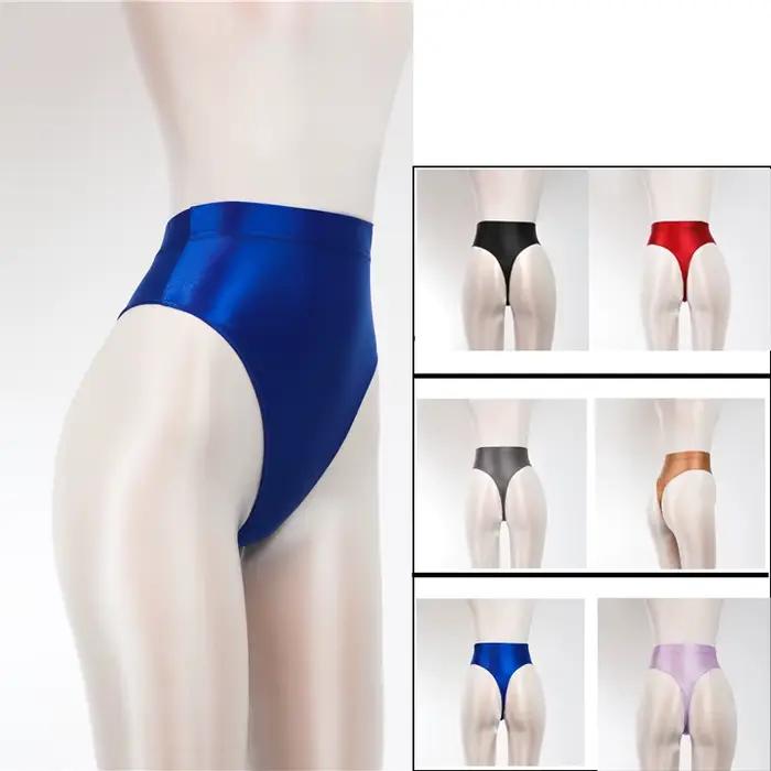 Lesklý saténový vysoký pás tangá transparentné vidieť cez Sexy krátka cukríková farba t-back olejové