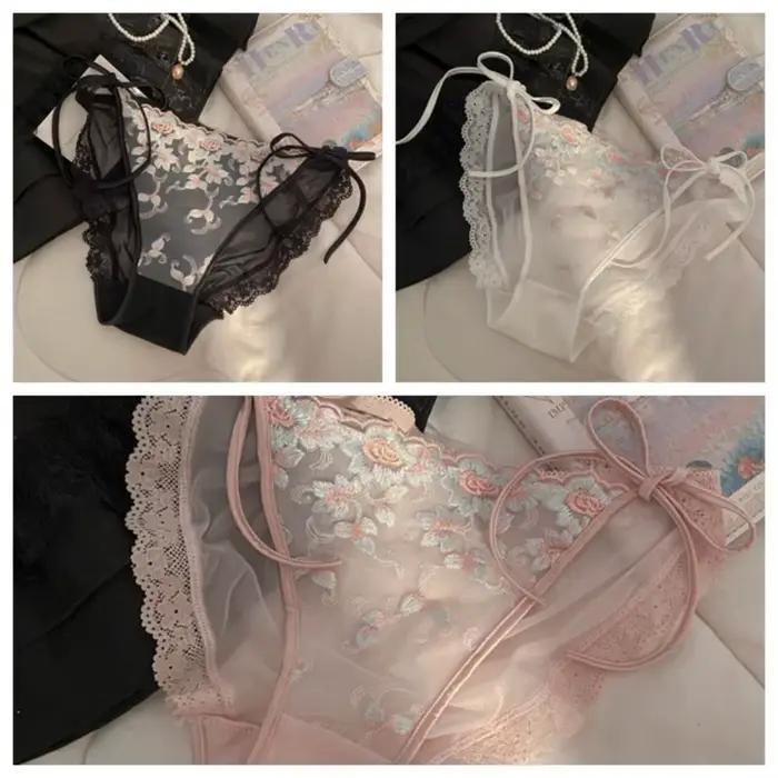 Culottes transparentes taille basse brodées de fleurs en coton avec entrejambe en coton pour femme, lingerie douce en dentelle et maille