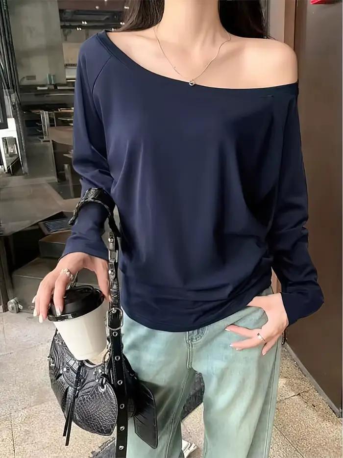 Tielko s dlhými rukávmi mimo ramena pre ženy jar jeseň voľné sexy jednoramenné top dámske ležérne základné