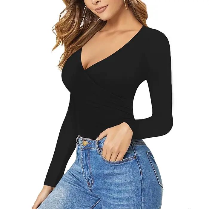 Unicontrol-Body Shaper pour femmes, col en V profond plongeant, manches longues, combinaisons de tambours, survêtement froncé croisé, vêtements sexy
