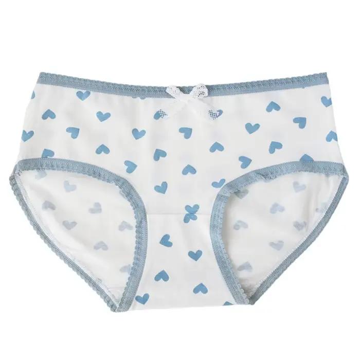 Culottes en coton à taille mi-haute pour femme, motif cœur, avec nœud et dentelle, style doux