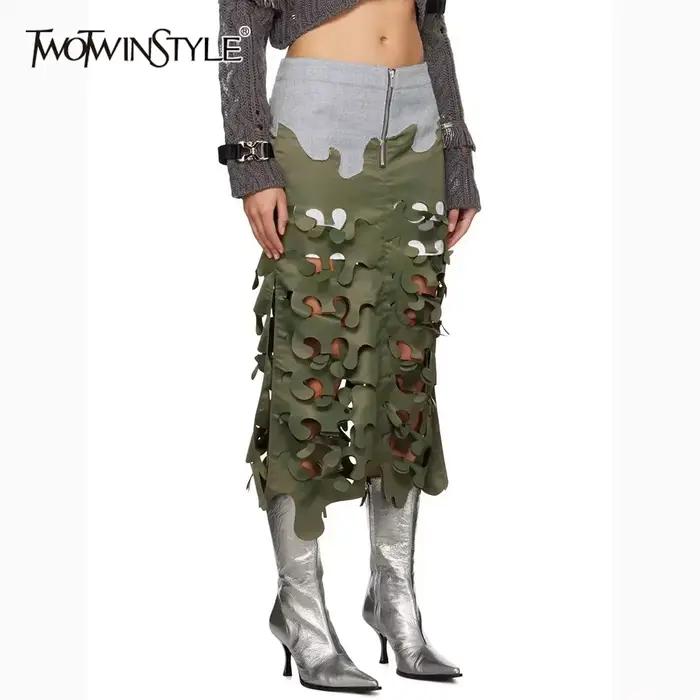 TWOTWINSTYLE Hit Farba Štíhle Sukne Pre Ženy Vysoký Pás Spájaný Zips Vyrezávaný Nepravidelný Streetwear Dámska Sukňa