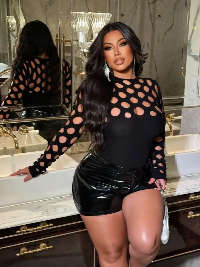 Combinaison sexy pour femme, grande taille, en résille, moulante, couleur unie, manches longues, tendance
