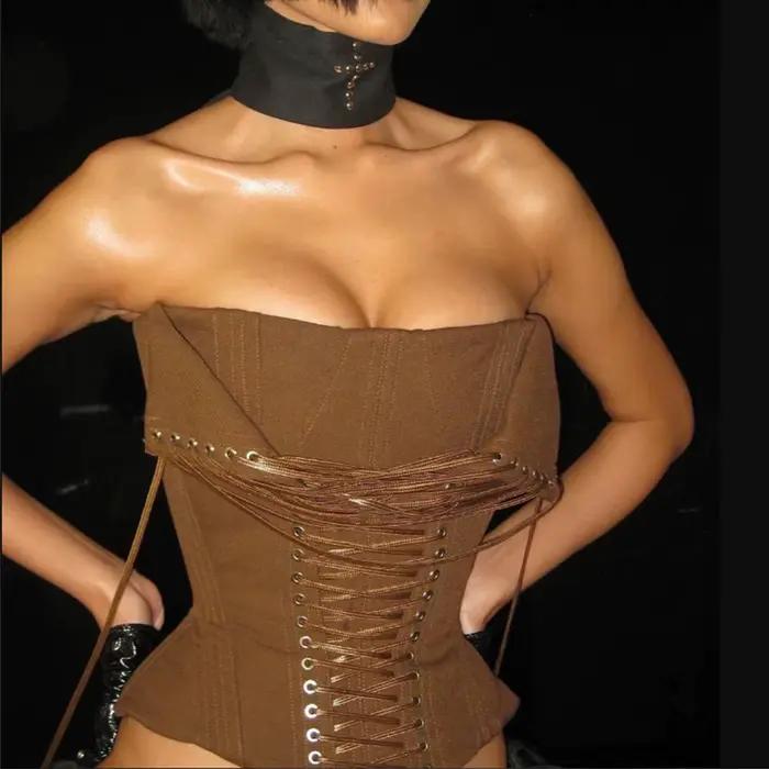 Corset en arête de poisson avec cravate en corde, Camisole Sexy sans bretelles, mode d'été, Bustier ajusté Y2k, débardeur pour femmes, gilet sans manches