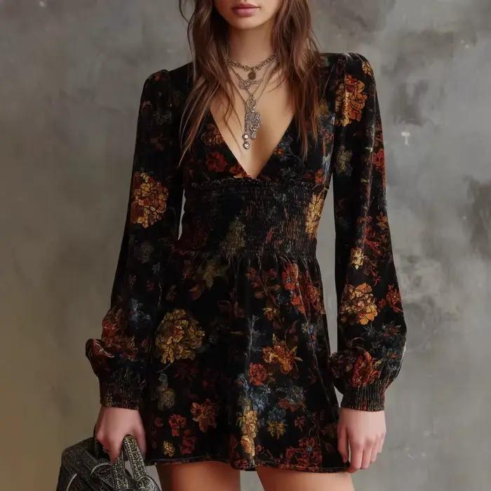 Robe Vintage élégante en velours imprimé Floral, col en v, taille Sexy, manches longues, ligne a, lanterne noire, robe de nuit Chic