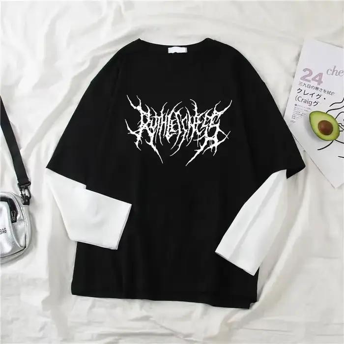 Punk štýl tmavý potlačený okrúhly výstrih Y2K športové Harajuku tričko pre ženy dlhý rukáv voľné