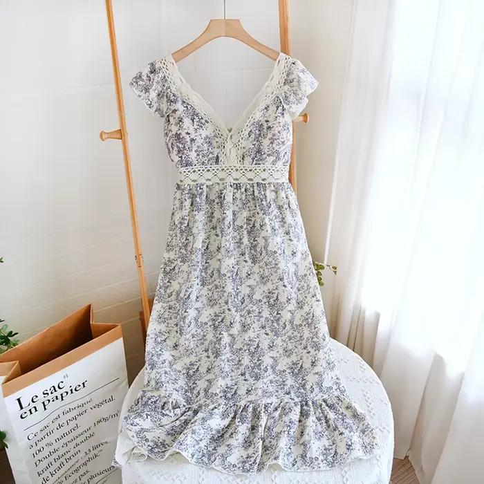 Robe de nuit en fibre de coton pur pour femmes, vêtements de nuit à col en V, vêtements de nuit pour la maison, pyjama d'été