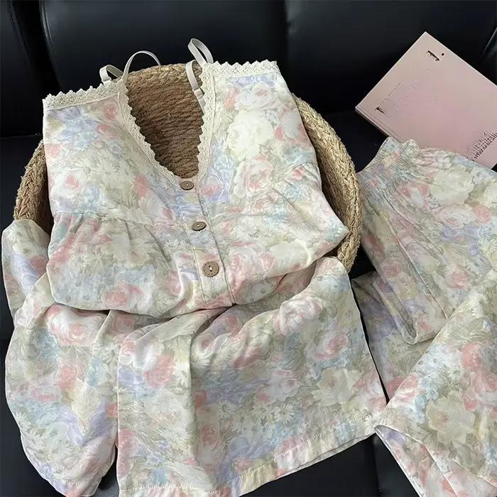 Pyjama floral pour femme, été, fin, avec coussinets de poitrine, en coton nuage, ensemble trois pièces (haut à bretelles et pantalon), tenue d'intérieur pouvant être portée à l'extérieur