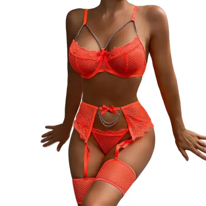 Ensemble de lingerie sexy en dentelle, sous-vêtements séduisants, ensemble de soutien-gorge sexy romantique avec bas, lingerie féminine, costumes érotiques délicats
