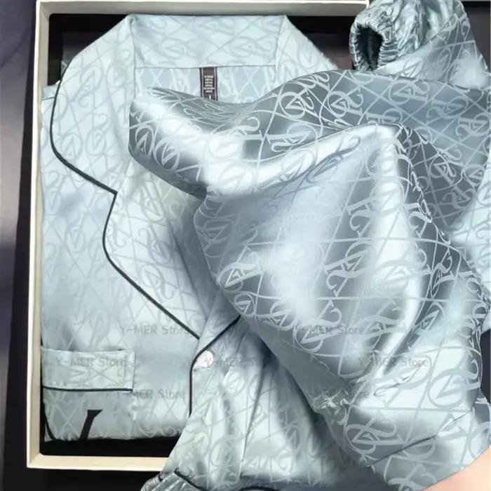 Ensemble pyjama imprimé vert, manches longues, vêtements de nuit pour femmes, luxe, rayonne, vêtements de maison, lettre V, vêtements de détente, 2 pièces