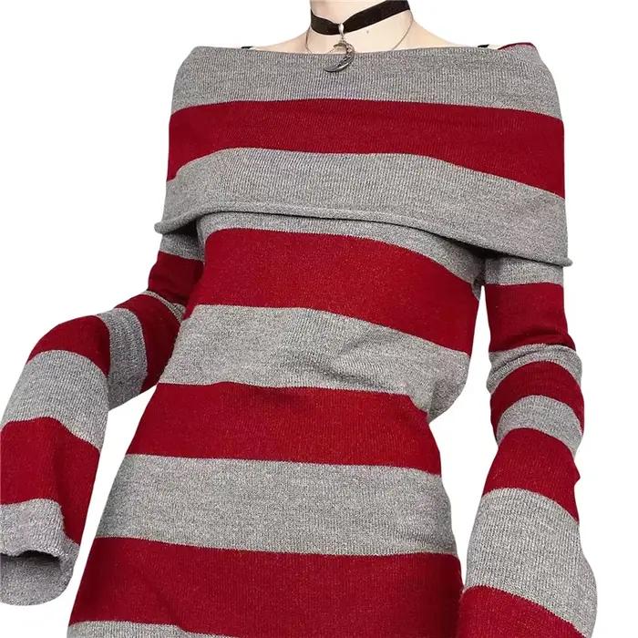 Y2K Pruhované Mini Šaty Mall Goth Grunge Emo Priliehavé Elegantné Pre Ženy S Odhalenými Ramenami Dlhé Rukávy Slim Fit