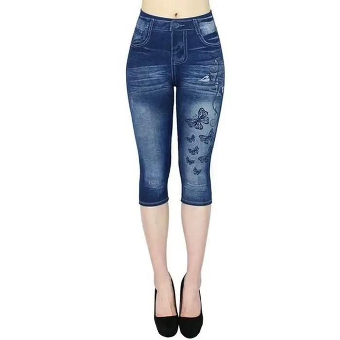 Dámske tlačené imitácia džínsy Legíny štíhle elastické capri outdoorové joggingové nohavice na chôdzu móda vysoký pás
