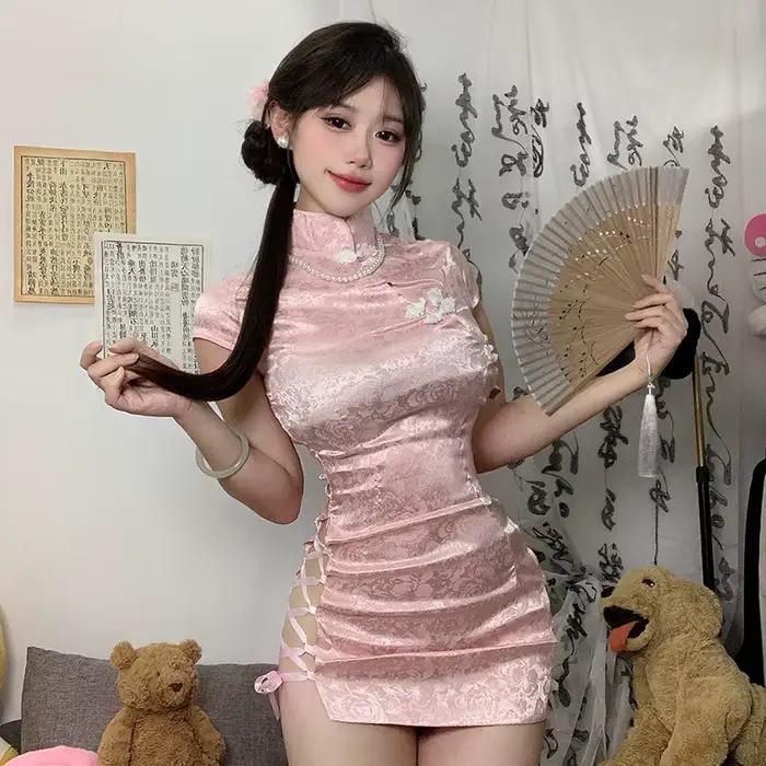 Robe Cheongsam chinoise, Mini Lingerie Sexy, côtés fendus, cordon de serrage, ajustement serré, uniforme de fesses, robe courte de Club