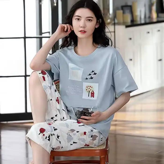 Pyjama d'été pour femmes : manches courtes, pantalon 3/4, pull-over, col rond, imprimé, style printemps/automne, ensemble de pyjama grande taille