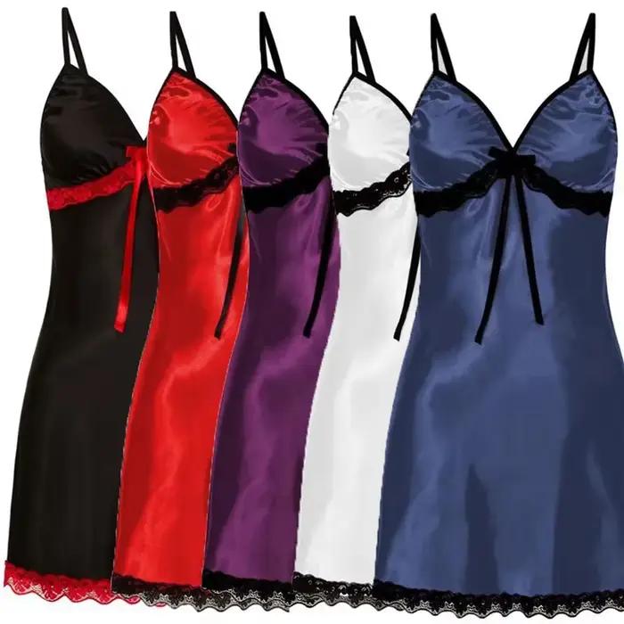Dentelle soie Satin vêtements de nuit femmes Sexy Lingerie robe de nuit sans manches bretelles Mini robe avec culotte nuisettes chemise de nuit
