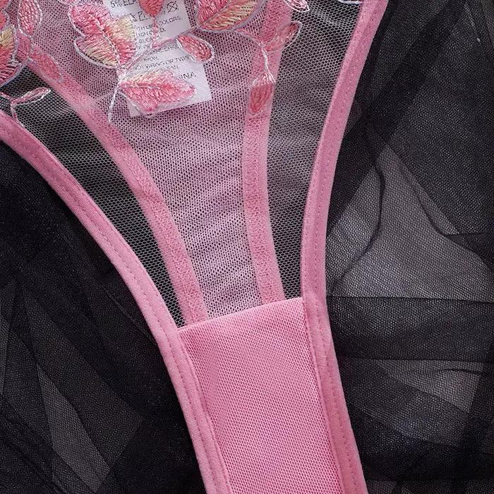 Ensemble de soutien-gorge en dentelle transparente brodée ultra-mince Ensemble de soutien-gorge à bretelles roses Design dos nu froncé confortable et respirant pour les jeunes...