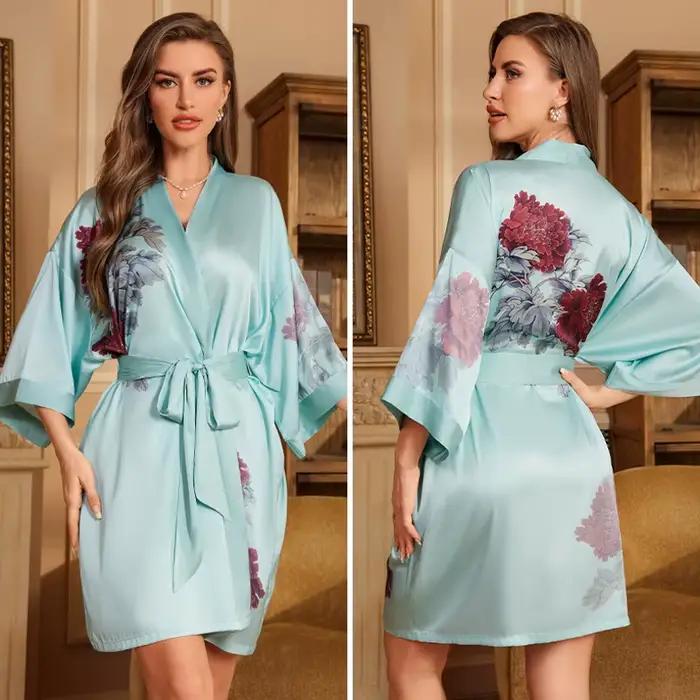 Robe de Nuit en Satin Bleu Marine à Imprimé Floral pour Femme, Kimono, Peignoir, Vêtement de Maison, Printemps et Été