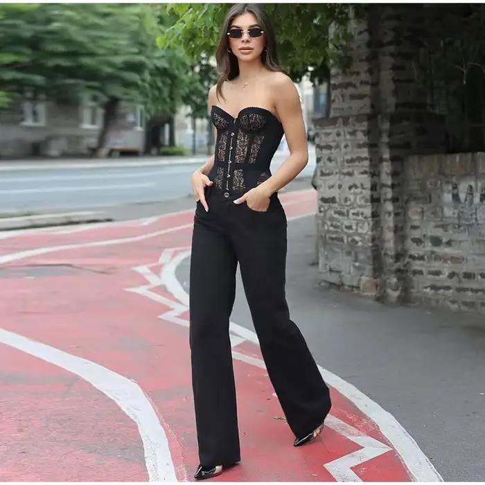 Corset désossé en acier pour femmes, avec boutons sur le devant et laçage au dos, haut sans bretelles en dentelle et maille, Sexy, gothique, mode Club Wear