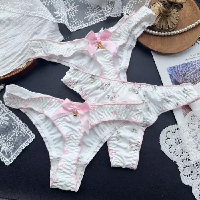 Culottes pour femmes et adolescentes, style lingerie, avec nœud mignon, à volants et motifs floraux, en soie glacée, taille basse, imprimées