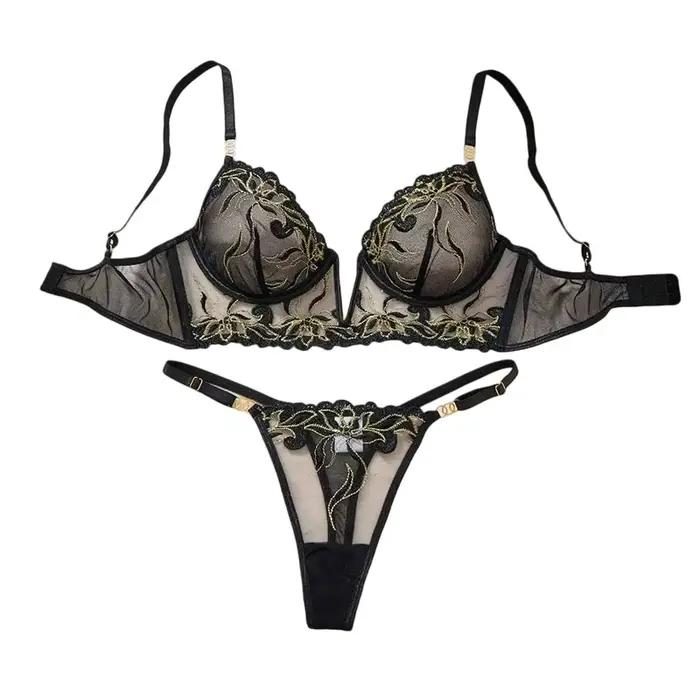 Ensemble de lingerie noire en maille pour femmes, broderie délicate, soutien-gorge et culotte fins, lingerie sexy transparente pour lune de miel