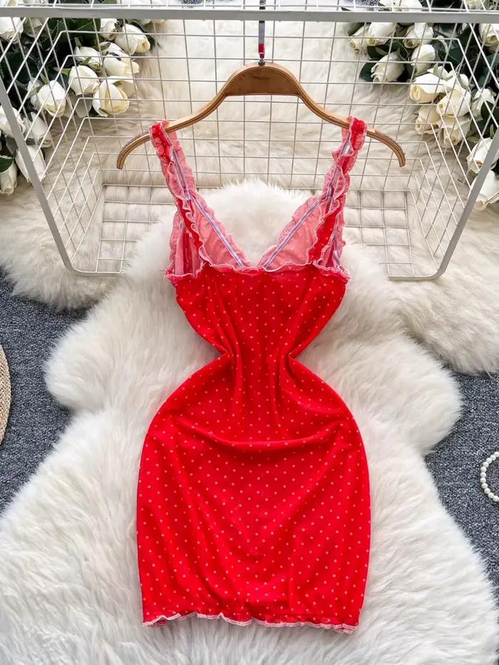 Foamlina 2025 été maille moulante Mini robe pur désir fille chaude licou à pois taille cintrée jupe ajustée rouge Mini robe