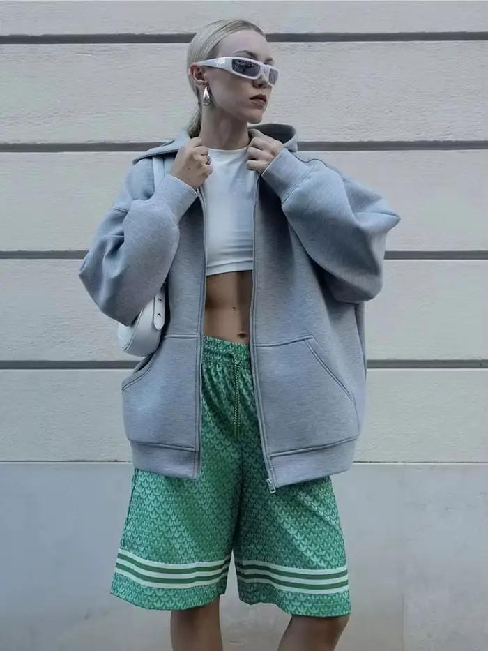 HH jesenná dámska voľná mikina s kapucňou oversized na zips pevný kabát do kancelárie
