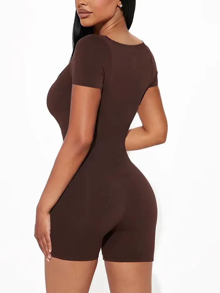 2025 leto nové ženy Sexy jednofarebné krátke rukávy U výstrih kombinéza krátka Yoga Fitness jednodielny Polyester