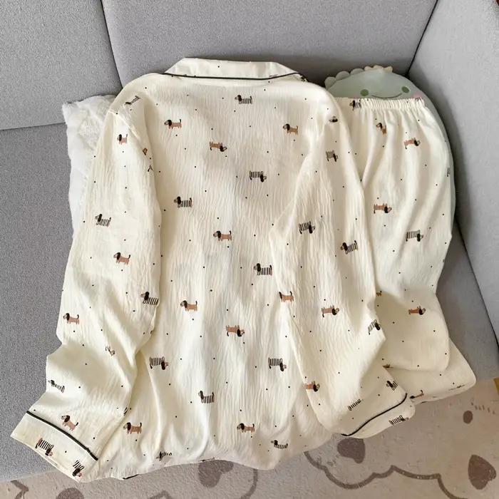 Ensemble pyjama pour femmes, Cardigan en coton fin, pantalon à manches longues, dessin animé teckel, vêtements de maison, vêtements de nuit pour femmes, printemps et automne