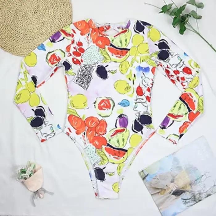 Maillot de bain une pièce pour femmes avec dos nu, manches longues, imprimé de fruits et légumes, pour nager, surf et plage