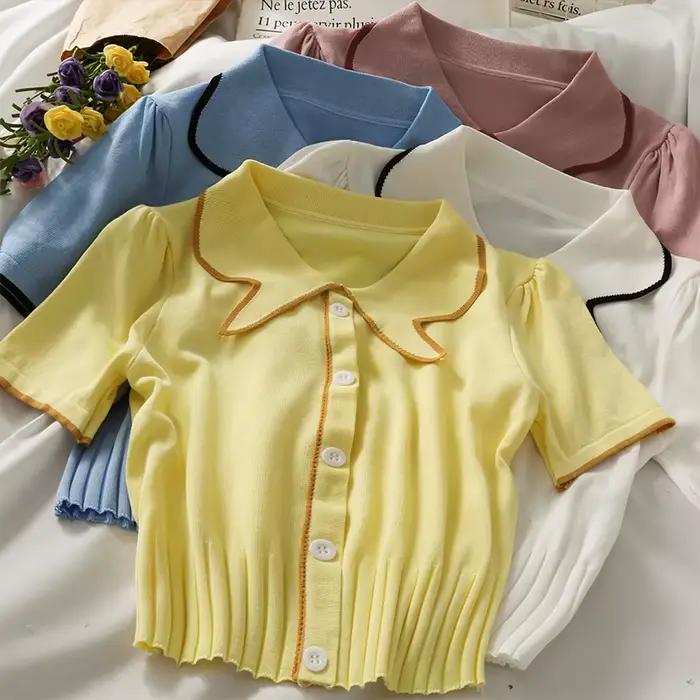T-shirt court junior DAIZHIYUE avec patchwork pour femmes style streetwear été 2024 tricoté polyester viscose ajustement slim manche bouffante