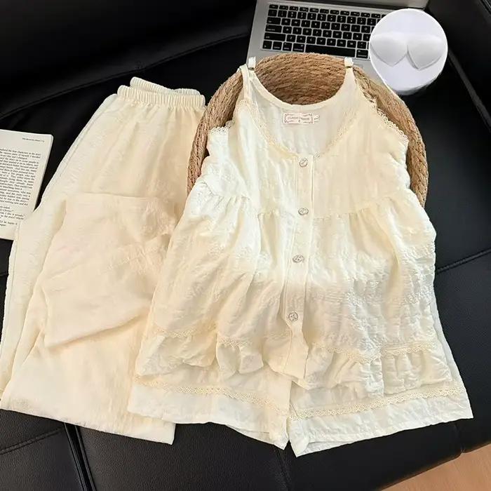 Pyjama floral pour femme, été, fin, avec coussinets de poitrine, en coton nuage, ensemble trois pièces (haut à bretelles et pantalon), tenue d'intérieur pouvant être portée à l'extérieur